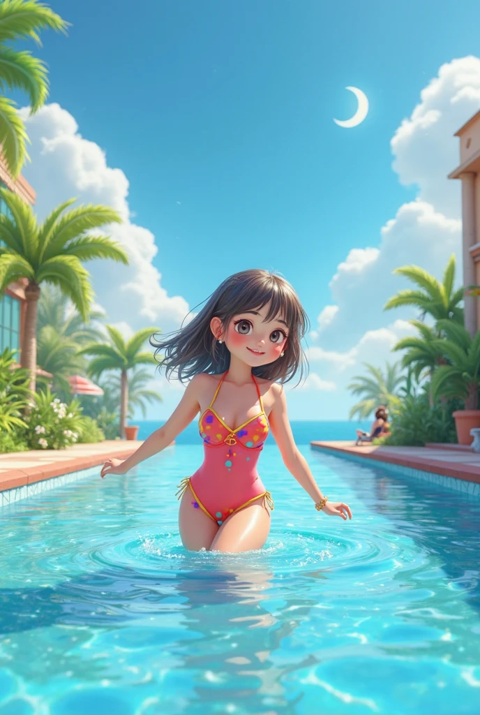 18 year old girl wearing swimsuit, swimming ring, playing in pool, conservative dress, smile, playful, beach, swimming pool, blue sky, clouds, beach loungers, flowers, ocean, swimming ring, slippers, [crab], [starfish], [coconut tree: 1.2], [[parasol]]], (solid background), full frame, colorful, dreamy, fresh, bubble mart, bright colors, model blind box toy, disney style, fine gloss, oc rendering, pastel colors, movie textures, medium close-up, High detail, 3D rendering, high quality, best quality, 8K