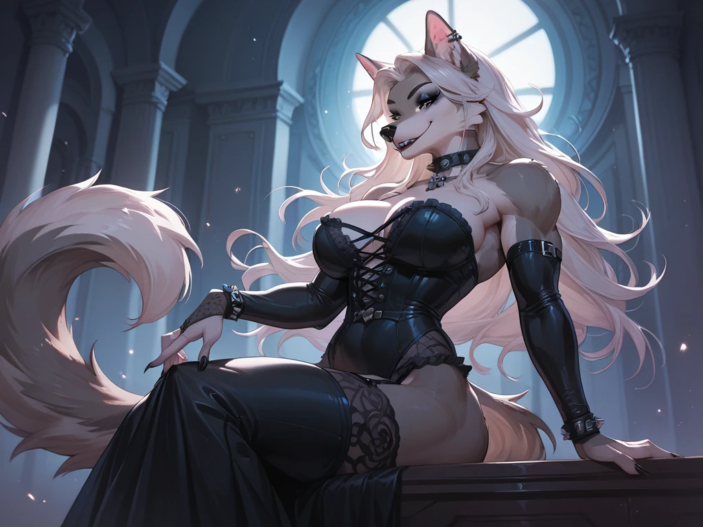 Wolf, anthro, amber eyes, large amber crystal necklace, fangs, ghostly red aura, spooky, horror nightmare, evil, masterpiece, best quality, Full Body, amber Long ponytail hair, Female, Short dress, Thigh highs, ((best quality)) , Ebony Black body