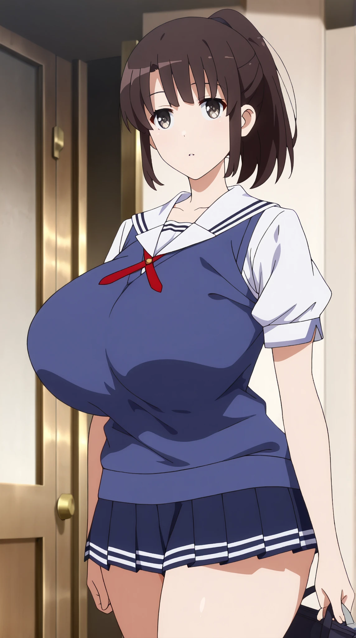 huge tits, Naoha Kirigaya(sword art online), 1girl, bob hair, hairclip, masterpiece、top-quality、white sailor school uniform、huge tit、A sexy、school、dynamic angle, view at camera, smile