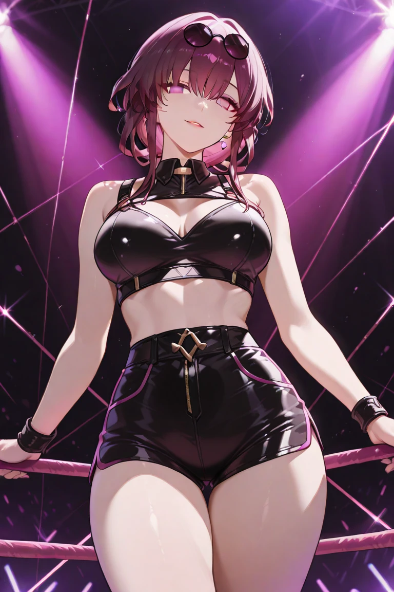 Bunny Girl,Rabbit ears,Bunny Girl,Idol singer,star,Dark Magic, Dark Forest, negaive energy, hell, Blank, Star, Black Hair,A girl,M-pose,Kneeling,鬼on stage,Photos,Unreal Engine 5 Photorealistic Rendering,(Cover comic magazine:1.6),game character, Role Player, Standing on Kyoto Castle, Pretty Face, Arm tattoo,Tattoo on the chest,ace of spades,Belly tattoo,Body hyperreality,thick muscles,Wet body,Liquid dripping from the body,Sweat,excellent!! Types with bobelon, Big Case, Moisturizing and radiant body, Short brown hair,Pink latex coat,prom,Nightclub,on stage,spotlight,Put your hands behind your back,Onlookers,Heart-shaped,White Net Garter,Side back,Fisheye View