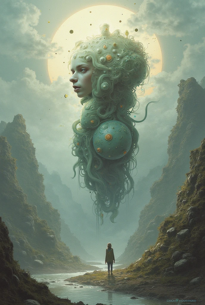 (masterpiece, hi resolution, hd wallpaper, extra resolution, best quality, intricate details:1.3), a head flying in the sky and turning into octopus with squids instead of hair, pretty face, big eyes with elegant eyelashes, surrealistic landscape with a grassy area and a lake on the foreground and trees and mountain on the background, abstract shapes and dead black tree growing on the head while head flying in the sky, liquid flash, balls, artwork by AIDA_NH_humans, surrealistic portrait in style of AIDA_NH_humans 