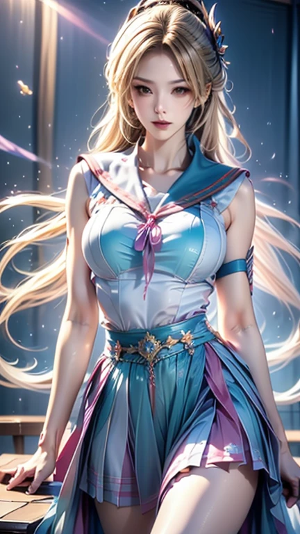 masterpiece, best quality, extremely detailed CG unity 8k wallpaper,((Upper Body)) ,((Upper Body head close-up shot of a beautiful little girl)), , Elegant Long straight blonde hair, (Mckenna Grace), ((gigantic breasts,thighs,Black Skin,)), (Silver-Purple) golden (Glittering tutu,long Bunny Ear Headgear, , Bow-tie, No panties, genitals visible), ((spread legs)),(), (Blush), oil skin, (seductive smile), (Wonderland), pretty face, key art, award winning, intricate detail realism hdr, by (ruan jia and artgerm and range murata), Photorealism, Hyperrealism, ultra realistic, dramatic light, intense shadows, gorgeous view, depth of field, Pussy
