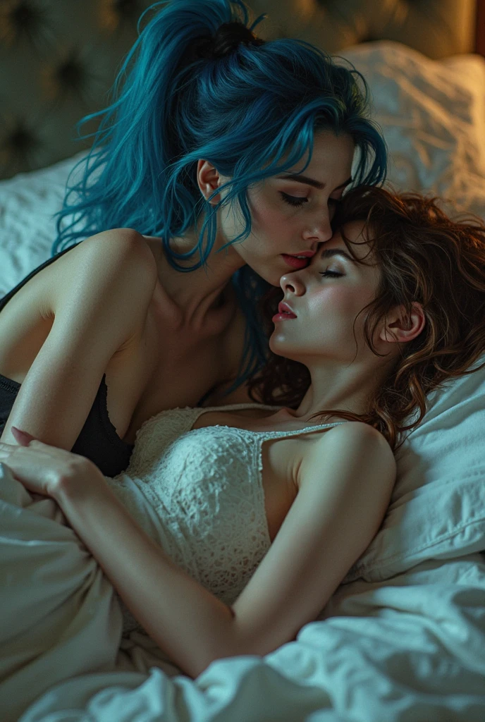 red-haired woman, At 40 years old, passionately kissing a Japanese woman, with short purple hair, both wearing neon blue lingerie, transparent and lace, both lying down, with breasts exposed
