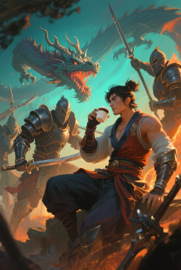 Yasuo League of Legends, beautiful woman in the background, at the bar, holding a glass of beer --auto