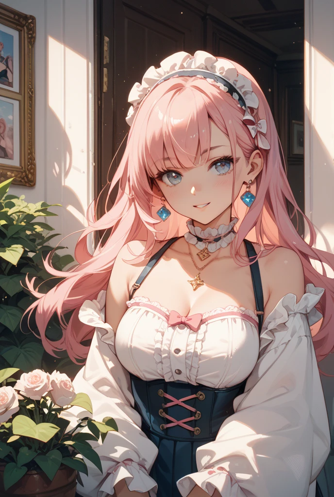 ((Highest quality)), ((masterpiece)), (detailed), ((Perfect Face)), lillia, One Girl、Pink long hair、blue eyes、White dress with black lace、large pink ribbon on the chest, A white flower hair ornament around the right ear、Tanabata、Lantern、Lots of lights