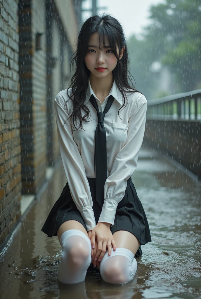 Masterpiece, Photography, Best Quality, High Definition, High Definition Photography, One Beautiful Japanese Girl, Raining, Clothes transparent through rain, ((short skirt in tatters)), (panties sticking to white skin), Sailor Suit, 16 year old, blushing face, urban sidewalk, sitting, many people in background, middle aged man staring, dark hair, long hair, bangs, white knee socks