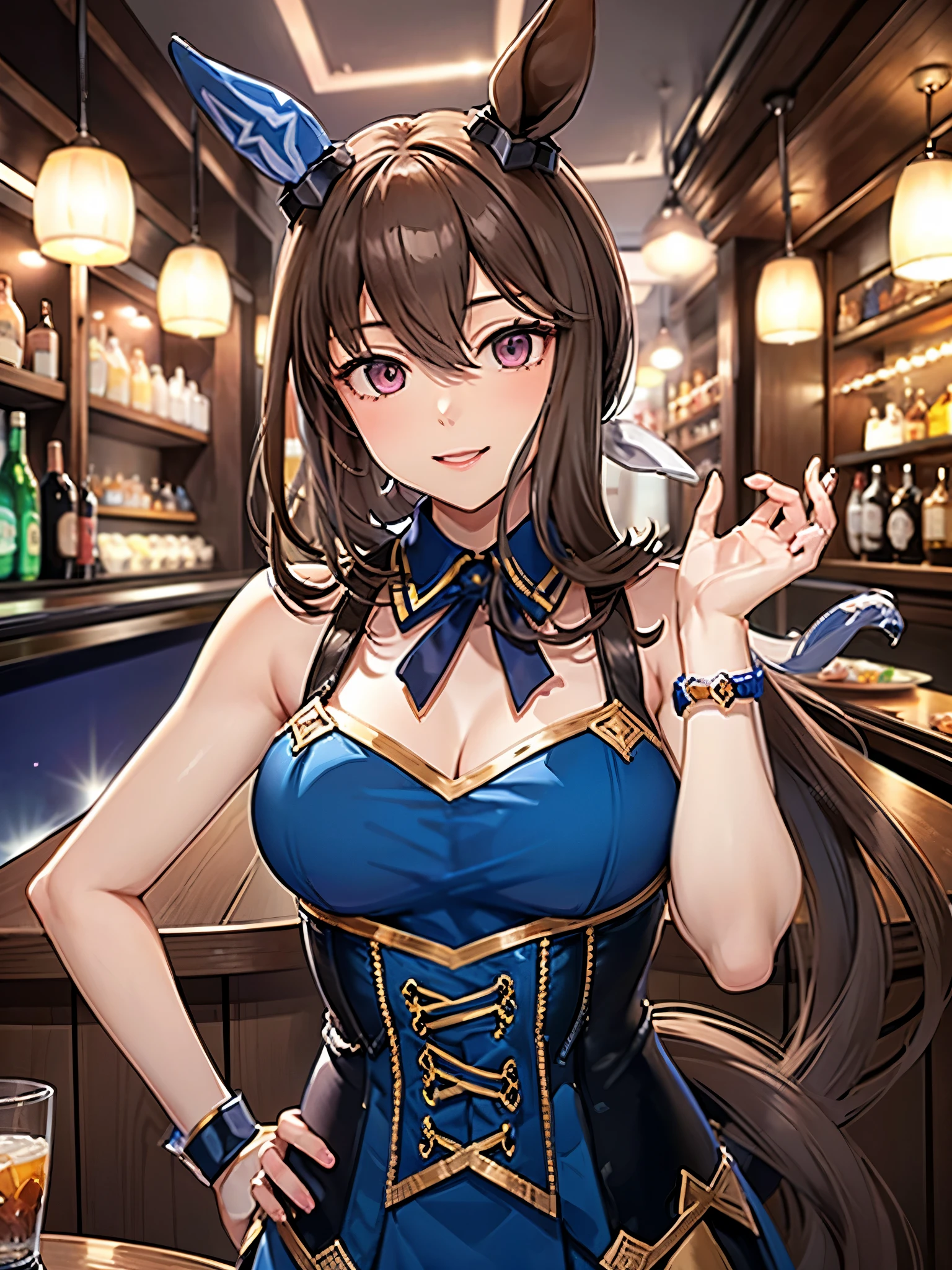  Watch Viewers,High Quality、Super Detail、 I'm very careful about every detail、 Perfect Anatomy、 perfect human structure、seven-neck body 、Attractive Eyes、Attractive Lips、Ruby Lip、 RAW Photo、Admire Vega,Uma Musume, longing for Vega 、horse ears、 wearing a blue dress 、、smile、lounge bar、On a date
