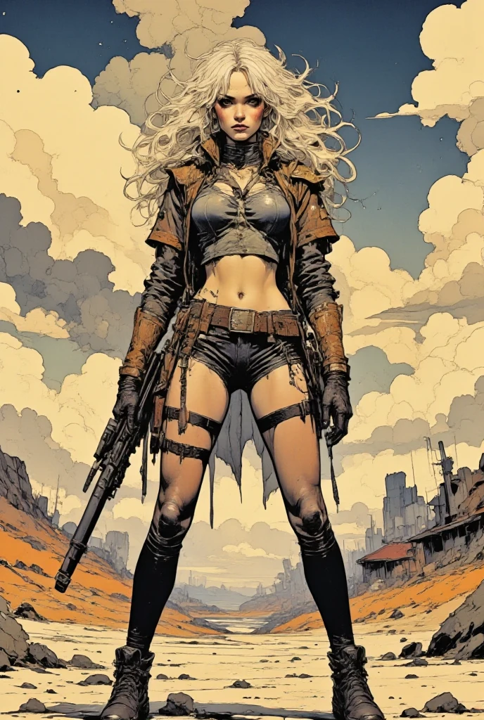 A post-apocalyptic warrior, uma mulher de 35 anos quase nua no estilo Simon Bisley para a capa da revista Heavy Metal, cabelo metade preto metade branco, Minimum clothing, roupas curtas,