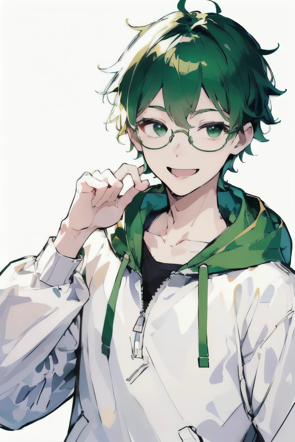 (( Highest Quality)), (( masterpiece)), ( details), wallpaper、Very details 、(((Very details な目と顔)))、 white background、glasses、smile、 masterpiece、 Highest Quality、green hair、Short-haired young male with straight hair、smile、8k、short haired man with straight hair in white clothes with hood、 white background　face up