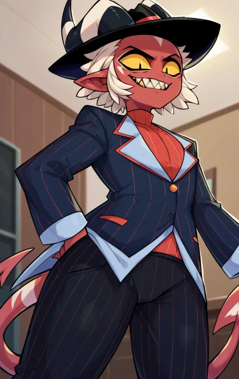 Zeraora, female, big tits and ass, business suit, grey suit, red tie