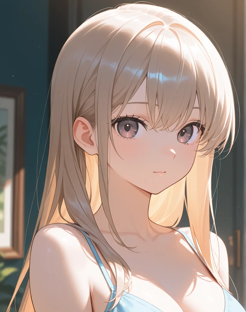 Upper arms、Black Tank Top、woman、Blonde、Embarrassed expression