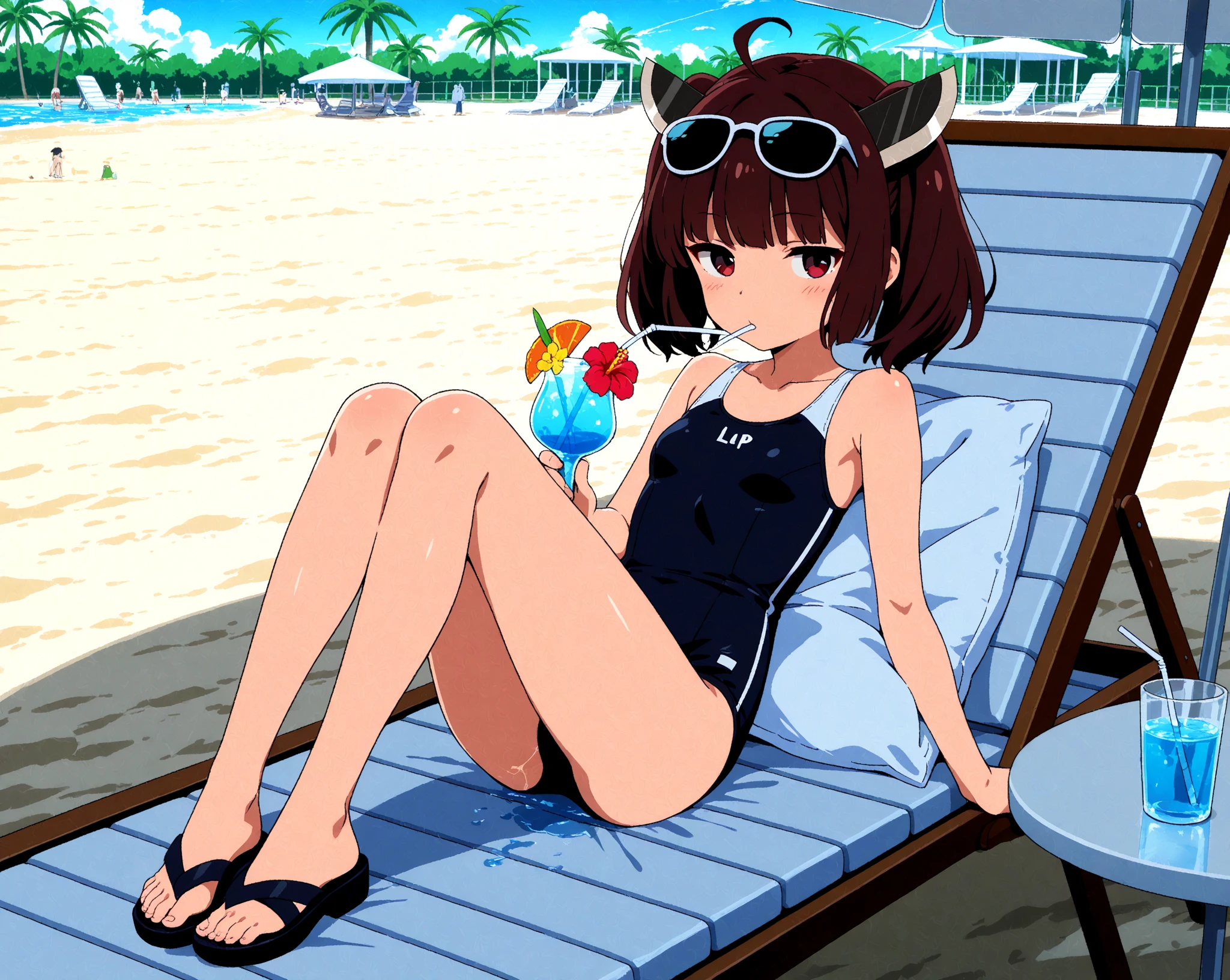 (score_9,score_8_up,score_7_up,),1girl,solo,looking at viewer, crossed legs, sitting, side ahoge, gradient skin, bare foot, feet focus, two feet, dark skinned girl, beach setting, tube top,