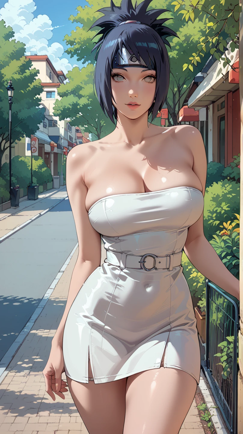 Beautiful round medium breasts, 1girl, ((black hair with short bangs, bangs cover the eyes)) ((girl, gotico girl face)) light blue eyes, has an beautiful sensual body with freckles, with full breasts and thin waist, HIP HOP Beautiful and cute black dress, strapless sleeves, strapless, glitter on dress fabric delicate, has a bold appearance. young, quality, realistic, best quality, cute expression, pink lipstick lips, Cute smile, leaning, On the street, Japan city with buildings