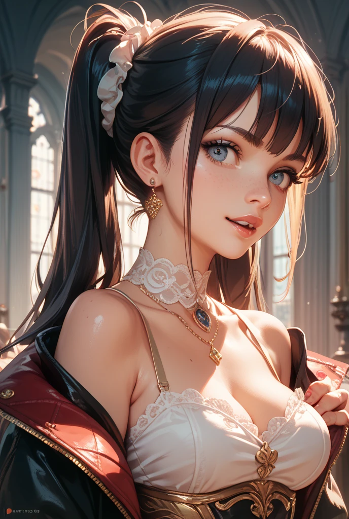 (Amazing masterpiece), (Maximize highest quality:1.5), (Maximize most beautiful digital illustrations:1.5), ((Most realistic:1.5)), ((Smooth, soft, crisp and most realistic skin and hair textures)), Most beautiful detailed eyes:1.5, ((Maximum resolution)), ((UHD, 16K, 1080p)), ((10 million ppi, 300 million dpi images)), ((Amazing dynamics:1.5)), Beautiful backgrounds with depth of field, Most beautiful natural light, Rule of thirds, ((Maximize every effect and present it in the ultimate quality)), 1woman, 1woman, sexy, 25years old, beautiful face sharp, elegant mature woman, Ultimate perfect body style, beautiful beautiful big breasts, Maximize upturned breasts, beautiful red eyes, shiny gray hair, wavy hair, (eyes visible through hair:1.3), glossy very thick lips, pink lipstick, smile:1.5, vampire, dynamic pose, wearing a detailed gothic dress with intricate lace patterns, (long fangs:1.5), mouth open, eerie smile, ((background is a rooftop of a building with a full moon:1.5)),