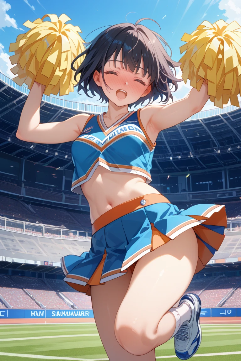 (masterpiece,best quality,very aesthetic),(ultra-detailed),super-fine illustration,high saturation,nsfw,1girl,solo,10yo,curvy,large breasts,twintails,hair over one eye,black hair,(cheerleader uniforms,lowleg buruma,pleated skirt),Stadium seating,skirt lifted by self,dancing,torogao,cheerful,happy,cowboy shot