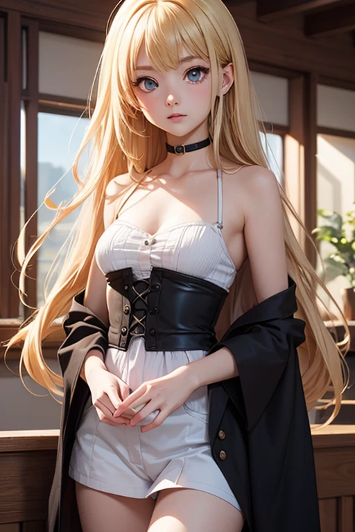 masuter piece, top-quality, Hi-Res, 1girl in, 独奏, Ai Hayasaka, blue scrunchie, side poneyTail, hair between eye, blue eyess, blonde hair, hair adornments, breastsout, student clothes, shirt with collar, Hairsh, Clothing around the waist, bangss, Black socks, Black vest, length hair, long-sleeve, cardigan, side locks, knee high, dress shirts, a necklace, 鎖骨, Black dress, jewely, Sweaters, Angry, Pointing,