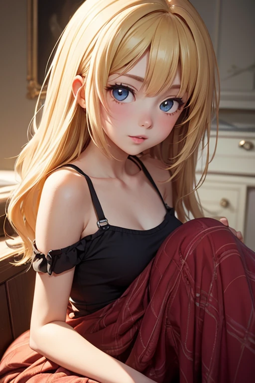18 year old beautiful girl, ojos grandes, senos grandes, delgada, small, 8k, calidad superior, (Cabeza muy detallada: 1.0), (cara muy detallada: 1.0), (cabello muy DetallaDo: 1.0), Arte oficial muy detallado, Estilo de arte Anime Moe, Arte de anime limpio y detallado, They are smiling, cabello dorado, cabello largo y liso, pecho desnudo