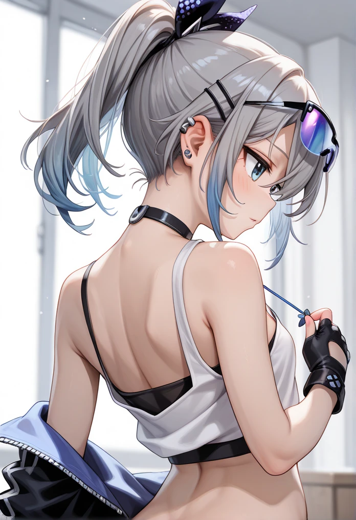 1girl, short hair, white hair, twintails, purple eyes, choker, small breasts, flat chest, side view, from the side, cropped hoodie, cat ears, cat tail, Black leggings, black yoga pants, slim waist, skinny, ribs, anorexic, indoors, dance studio, best quality, arms up, hands up,