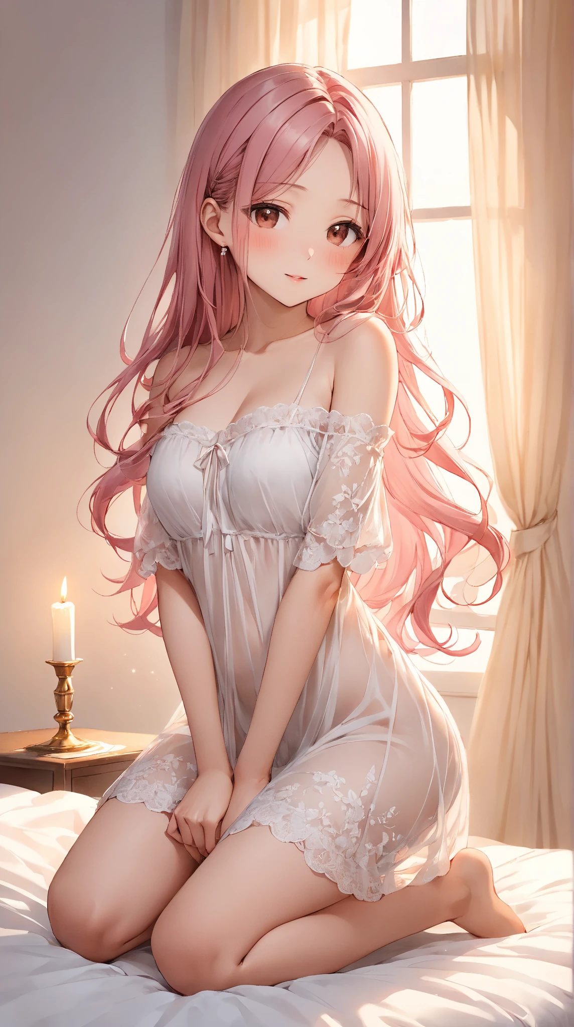 (masterpiece:1.5), (bestquality), (highlydetailed), (ultra-detailed), ((solo girl)), (1girl:1.2), ((sexy slim hourglass figure)), (coral hair), ((pink hair highlights)), ((pink fox ears)), (entire fox ears are shown), ((long spacebun hair)), (wavy hair), (shiny hair), ((huge breasts)), ((laying in bed)), (laying side ways), ((looking at camera intently)), (perspective from side), ((sexy nightgown)), ((best lighting))