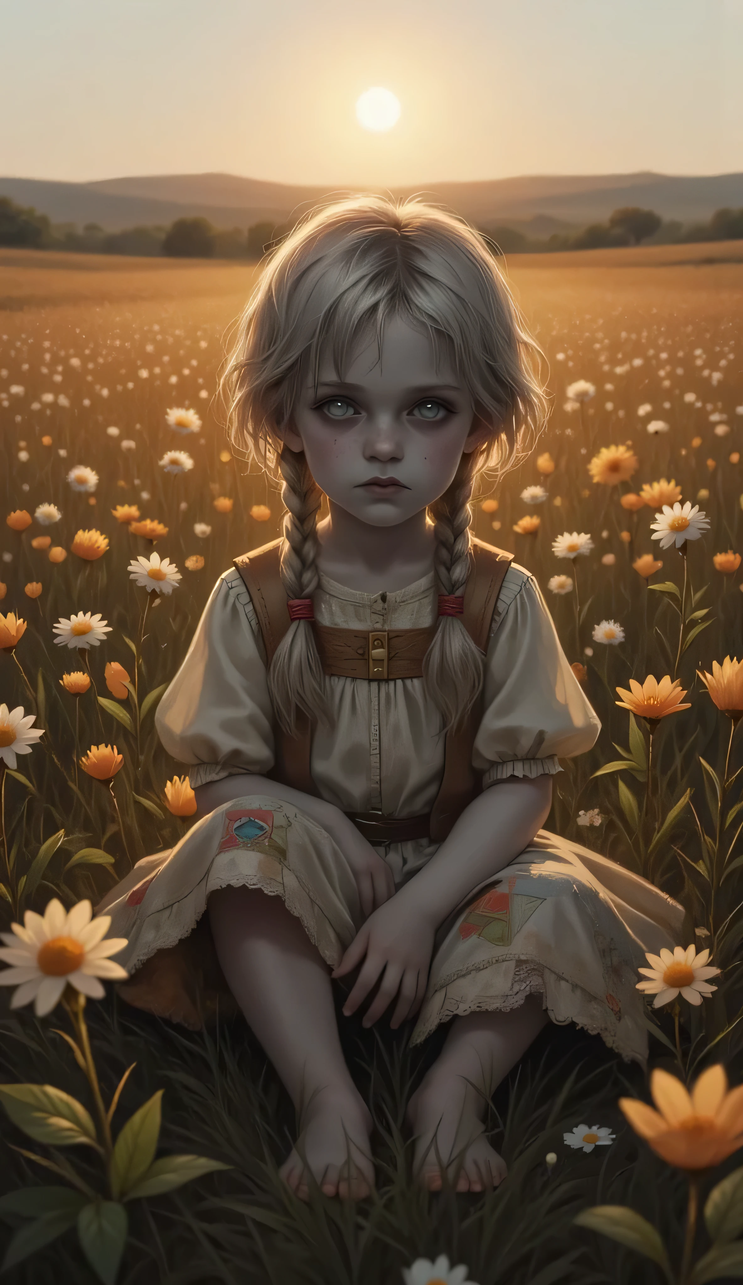 Сhangeling, 1kid, 1baby, 1child, solo, pale grey skin, sitting alone, field of glowing flowers, twilight, barefoot and curious, softly shifting, one moment look like a boy with tousled hair and freckles, the next like a girl with long braids and bright eyes, patchwork fabric and faded fairytale patterns, the air shimmers with subtle magic, peaceful mysterious and slightly otherworldly scene, whimsical fantasy, soft lighting, gentle colors, dreamy atmosphere, highly detailed, cowboy shot, full body view