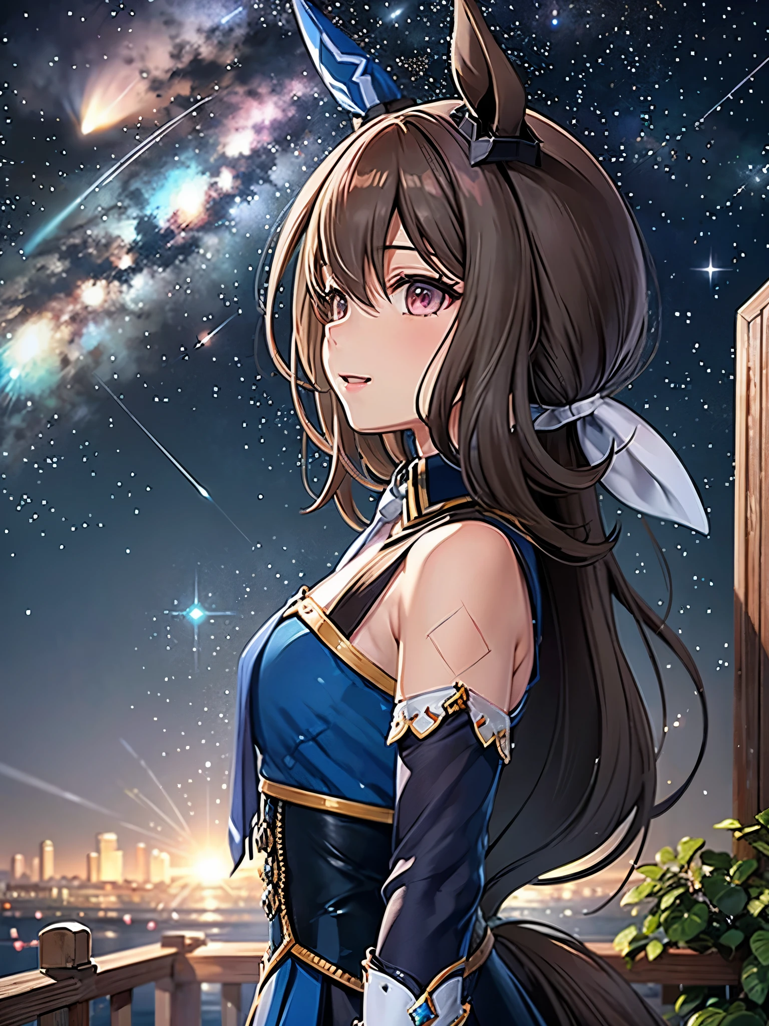 Meteor Shower,starry sky,starry skyを見上げる,profile,High Quality、Super Detail、 I'm very careful about every detail、 Perfect Anatomy、 perfect human structure、seven-neck body 、Attractive Eyes、Attractive Lips、Ruby Lip、 RAW Photo、Admire Vega,Uma Musume, longing for Vega 、horse ears、 wearing a blue dress 、、smile、