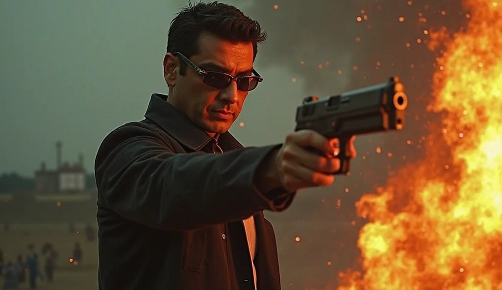 secret agent in suit in shooting position and looking back while pointing his gun in front