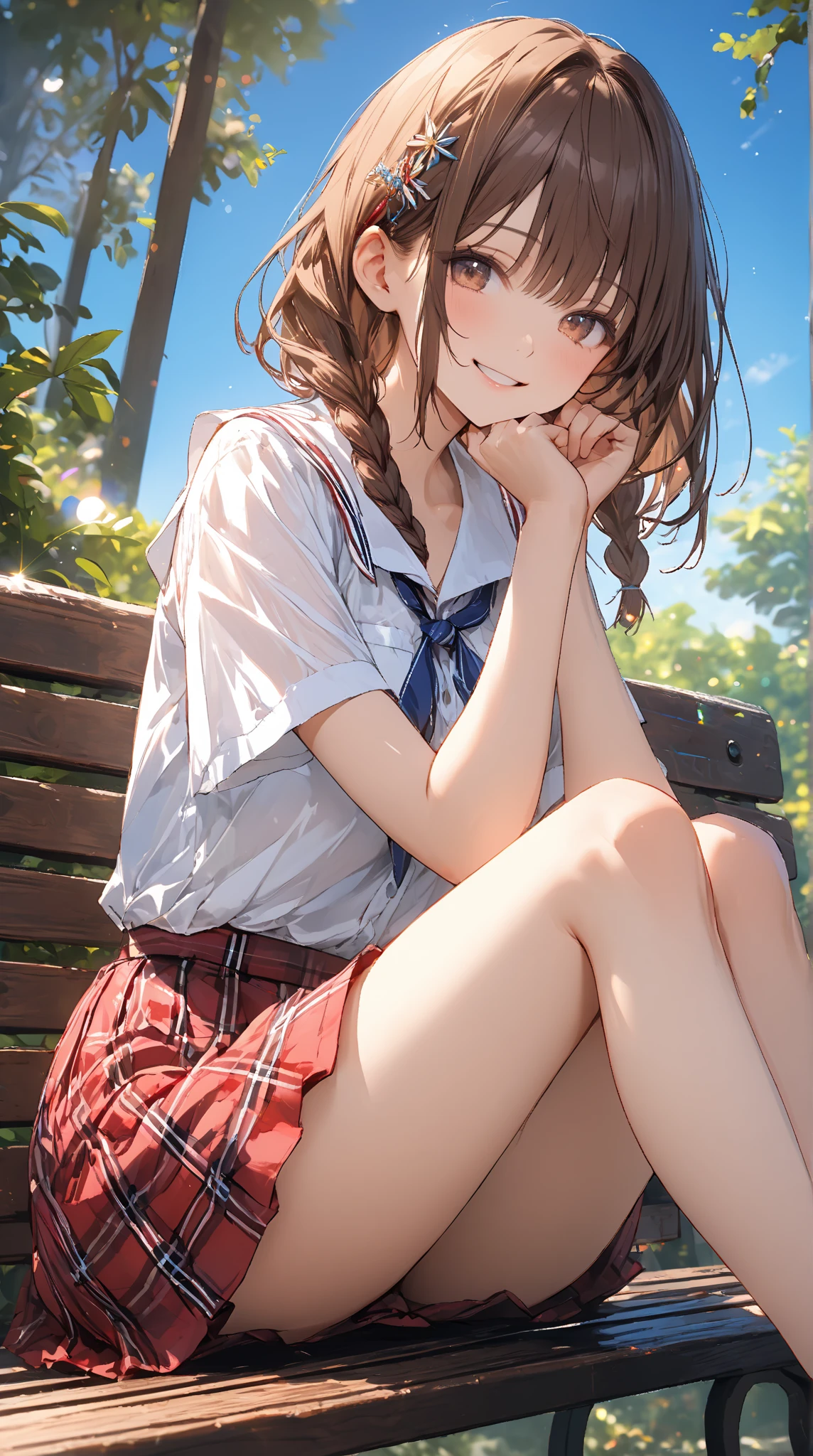 (highest quality, 4k, High resolution, masterpiece:1.2), Super detailed, (real, photorealistic:1.37), cinematic light, Bright colors and mesmerizing effects, Soft and delicate lighting, gentle shine, Lens flare, Beautiful and gentle atmosphere throughout the scene, 1 woman, JK, (brown hair, ponytail, reddish brown eyes), happy expression, Super detailedな顔, lip details, detailed eyes, double eyelid, Facing to the right, squat:1.5, black socks, cowboy shot, school uniform, girls , shiny skin, perfect fingers, five fingers, anatomically correct, background bokeh, 135㎜, f/2.8, photo shoot,