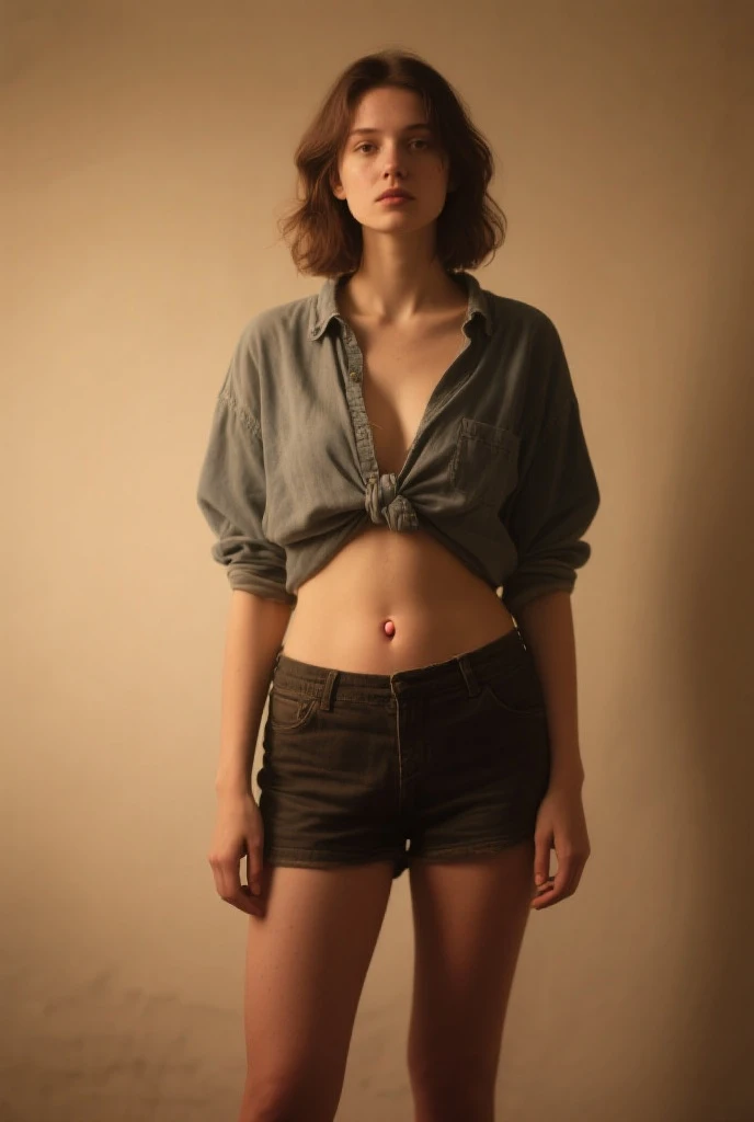 70s setting, grainy analog film, abstract art, stylish artwork, conceptual art, drama, indulges in fetish, rubber black stockings, vintage jeans cut-offs, t-shirt, slave collar, stuck in slime, red, black,