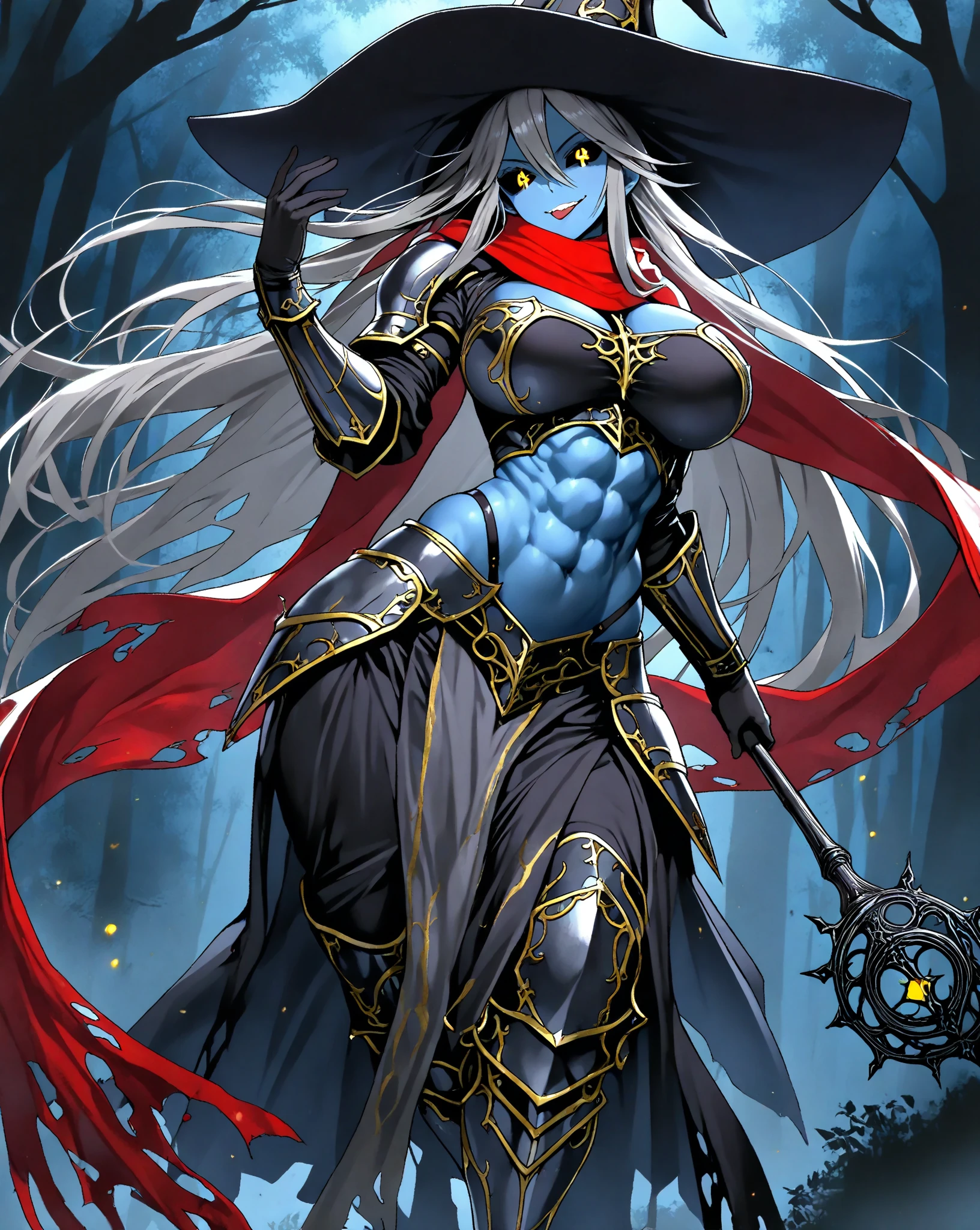 A mature drow elf woman with gray skin stands tall and proud, her muscular body adorned in a black bikini. Her white hair frames her face, which is etched with a happy expression. Her purple eyes sparkle with mischief, and her lips curve into a playful smile. Large silver earrings dangle from her ears, and a gold chain necklace rests against her skin. A fiery red tattoo adorns her stomach, adding a touch of mystery and intrigue.

The character is depicted in a classic pixel art style, with each block of color meticulously placed to create a detailed and vibrant image. The overall effect is one of strength, beauty, and confidence.