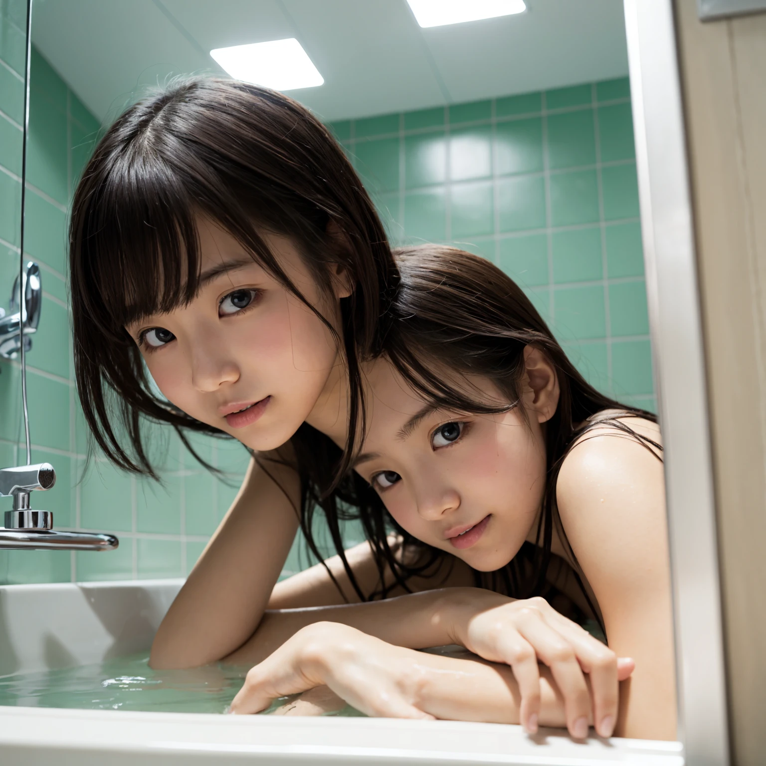 SFW, (Snapshot of girls (kissing face to face) in an open shower room by the pool), Braid hair, With bangs、(School Swimwear), girls having fun, the body is covered with juice、Sweating、be sweaty、Wet pearl skin, ((Wet swimsuit)), Perfect Lighting, Clear Focus, (bokeH:1.4), Roundly butts, { (shower:1.7) | Overflowing Gigantic sideboob | Butt cruck | (from above:1.4) }, hidden hands BREAK (NOGIZAKA girls)  ((Extremely Detailed very KAWAII face variations)), perfect ???????, Childish, captivating gaze, elaborate detailed Eyes with (sparkling highlights:1.2), long eyelashes、Glossy RED Lips with beautiful details, Coquettish tongue, Rosy cheeks . { (Dynamic joyful expressions) | (:d) }, (no large eyes) . (close-up:1.28)