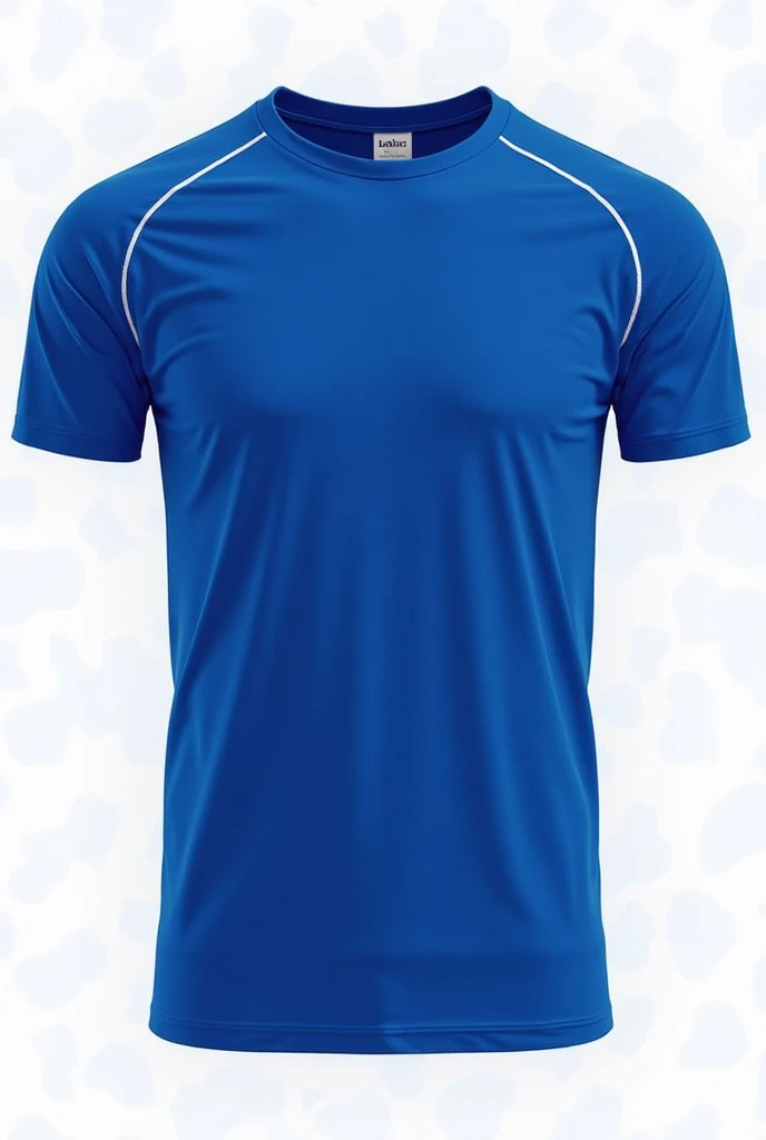 i want a t shirt image with short sleeve with neck collar royal blue color two white lines start from the collar neck.
End at the sleeve cuffs (not shoulders).
These lines should be visible on both front and back.
Add one circular rib line around each sleeve cuff