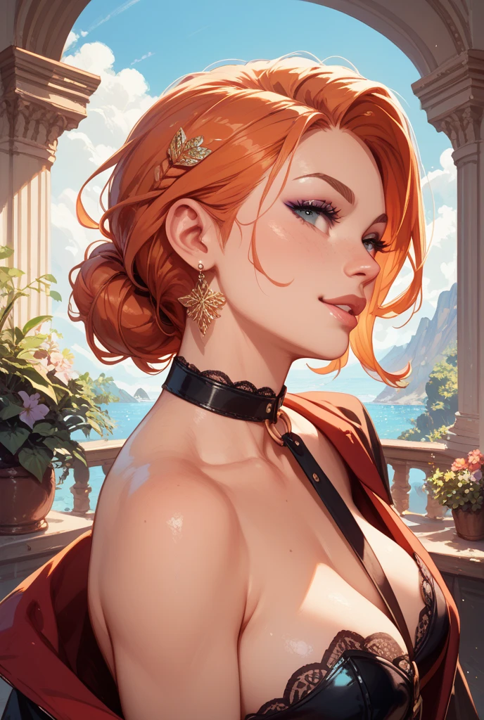redheaded woman, large breasts, outdoors, detailed face, beautiful eyes, elegant pose, photorealistic, 8k, realistic, masterpiece, high quality, natural lighting, vivid colors, warm tones, detailed skin, detailed hair, sensual, alluring, feminine, elegant