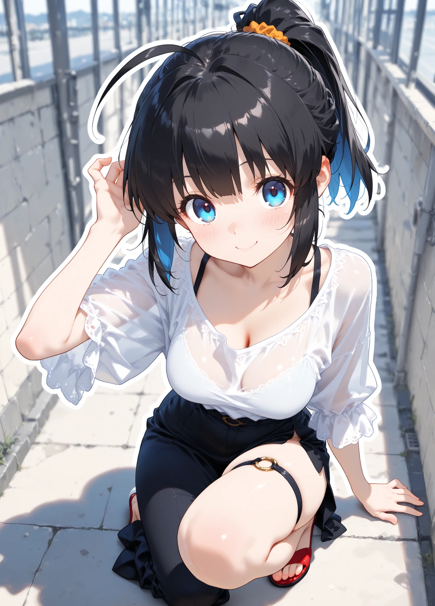Hands behind back,Tied with hands behind back,lick,from front,front view,looking at viewer, looking ahead,from above,cowboy shot,1girl,Beautiful 14 year old girl,Japanese,Slender,,low length,Small breasts,Thin legs,Small Ass,Baby Face,Small face,Black Hair,two side up,Gray Eyes,Drooping eyes,slit pupils,narrow eyes.middle School girls,Black collar with black leash,String stretching out in front,A see-through black and light blue negligee,lingerie,open mouth,tongue out,front face,,Straight Stand,Beautiful and detailed anime art,Mischievous smile,Sexy vibe,cum on tongue,bustling street,In town
