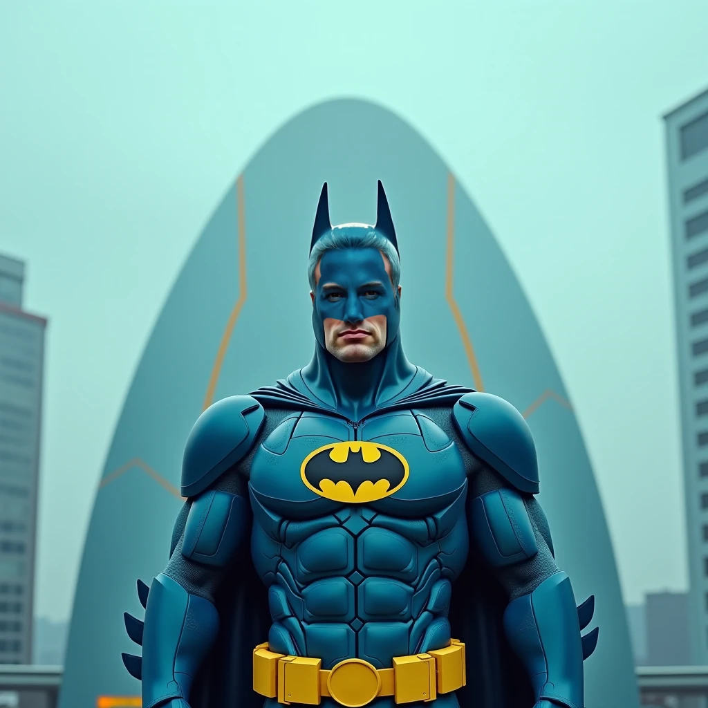 I want an art of Donald trump black and gold with a red and gold background The image must focus on Donald trump full body batman costume with walls or buildings in the background..