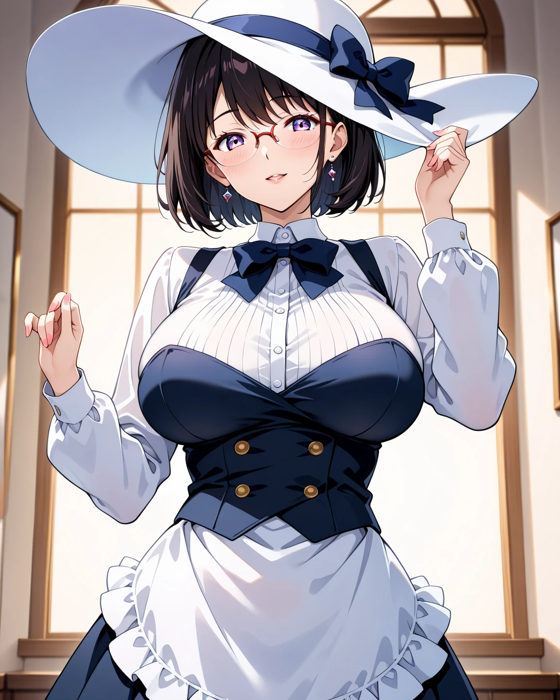 <lora:Puyoarle_SDXL_Illustrious01_fp16_ver04:1>,arleP123, 1girl,brown hair,bangs,short hair,hair updo, brown eyes,illustrious \(azur lane\) \(cosplay\),hat,embarrassed,<lora:HairintakesEraser_v01_illustrious_10steps:1.5>,, masterpiece, best quality, very aesthetic, absurdres,<lora:detailed_hands:1>,hand