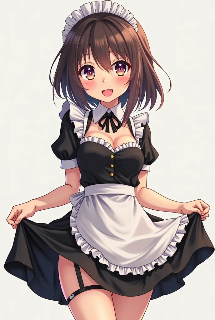 <lora:Neko-v1:0.75>, azu, 1girl, animal ears, solo, brown hair, brown eyes, open mouth, maid headdress, short sleeves, puffy short sleeves, wrist cuffs, apron, smile, puffy sleeves, jingle bell, small breasts, waist apron, name tag, bow, short hair, shoes, bangs, blush, fang, socks, ribbon, high heels, frills, brown footwear, clothing cutout, hair ribbon, bowtie, cleavage cutout, lies