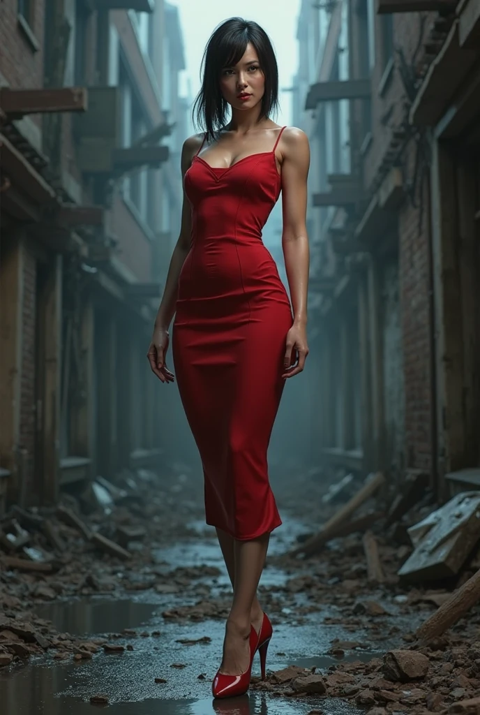 (Emma Watson) red slit sexy dress, viking amour, visible thighs, long hair, big breast:1.6, walking in a city destroyed by war, collapsed buildings, fire, dust, smoke, cloudy (Palestine flag)