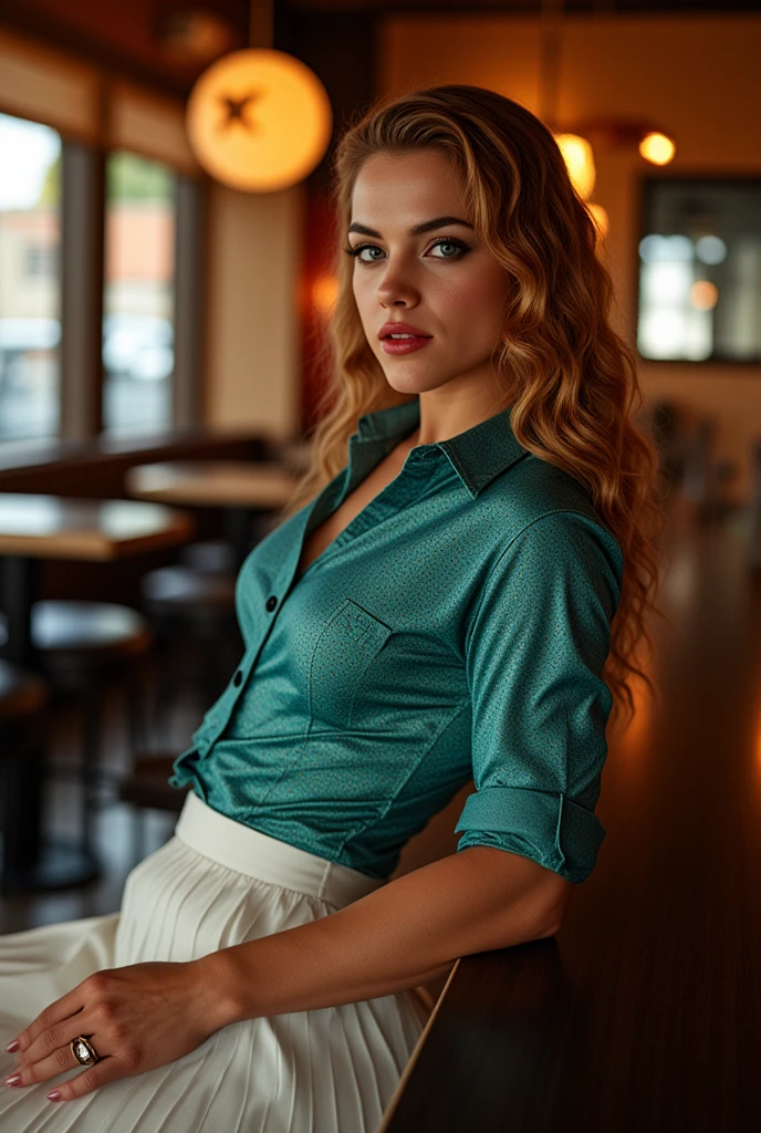 DEN_juniper_hopeMK2,
working in a dark atmospheric bar, working behind the bar, pulling pints, bar, dark wood bar, atmospheric, wearing a shirt and tie and skirt,
bokeh, f1.4, 40mm, photorealistic, raw, 8k, textured skin, skin pores, intricate details <lora:epi_noiseoffset2:1>, epiCRealism, <lora:ClothingAdjuster3:-1.0>