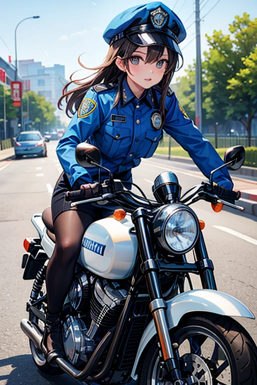 1girl, police_uniform, Riding a Bicycle, best quality, (masterpiece:1.2), high quality, absurdres, highres, hyper detailed, RAW, detailed background, depth of field,