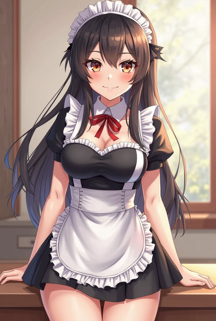 miori, 1girl, solo, breasts, looking at viewer, blush, smile, large breasts, cleavage, hair behind ear, BREAK standing, full body, arms behind back, BREAK hair ornament, musical note hair ornament, hairclip, long hair, ponytail, clothing cutout, cleavage cutout, maid apron, red skirt, (white shirt), pink bow, black thigh highs, white boots, pink garter straps, BREAK simple background, (bedroom) <lora:miori-10:0.8>