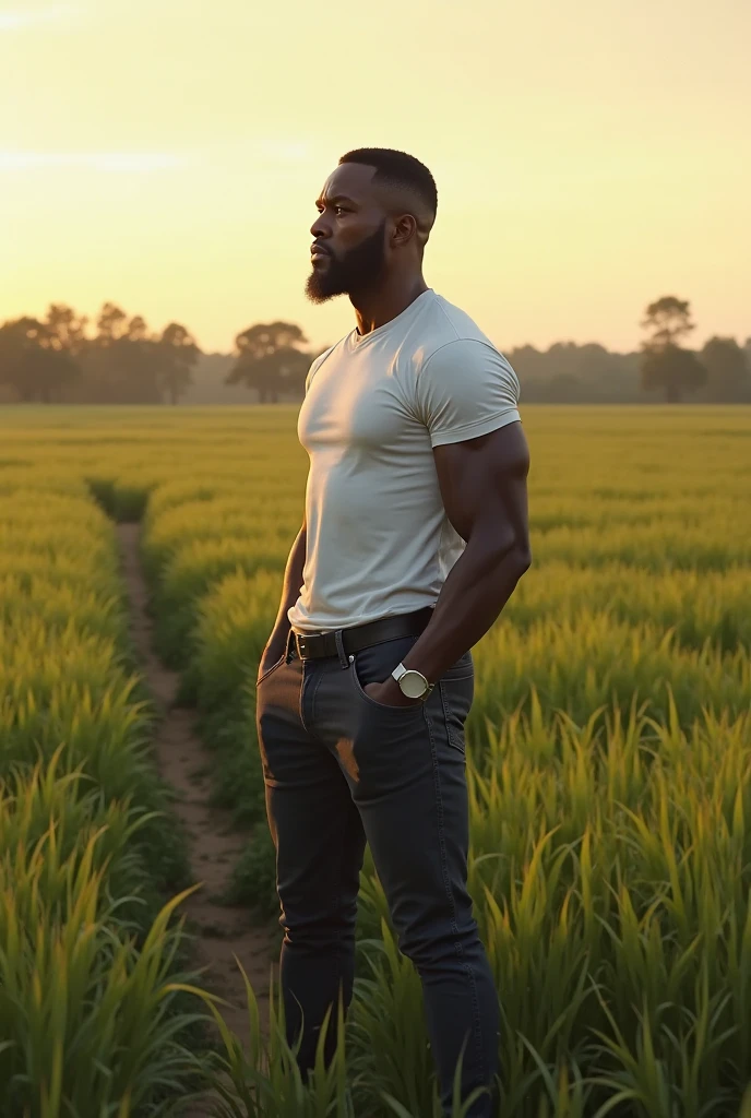 Young black man in farmer hat on farm shirtless