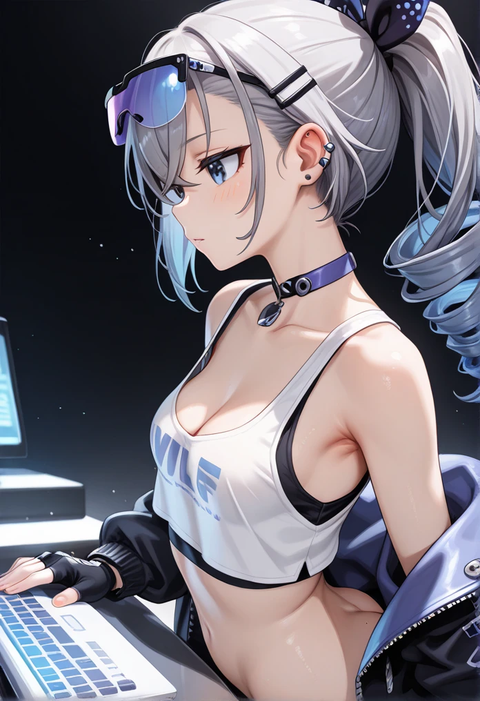 最high quality、Best image quality、masterpiece、With a girl((cute、20-year-old、Best Bust、Medium Bust、Bust 85,Beautiful Blue Eyes、Spread your chest wide,Short silver hair、Slender、The best valley、、Blue Bikini、,Show the whole body、Black perforated gloves,Blue Mesh,Tired face、Leaning forward greatly、Blue Sports Sunglasses、Blue Intercom,Sweating profusely、Ride a machine bike))high quality、Beautiful art、background((Black Studio、Red lighting、blue laser light、Gym)),Tabletop、Exquisite design、Visual Arts、Depth of written boundary、Best lighting、Highest detail、8k