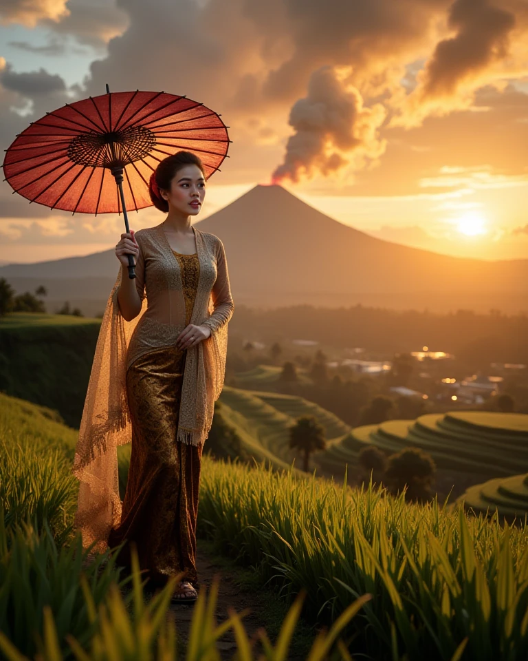 malay hijab ,wearing kimono,hold wood umbrella,suasana perdesaan di indonesia,waktu senja,