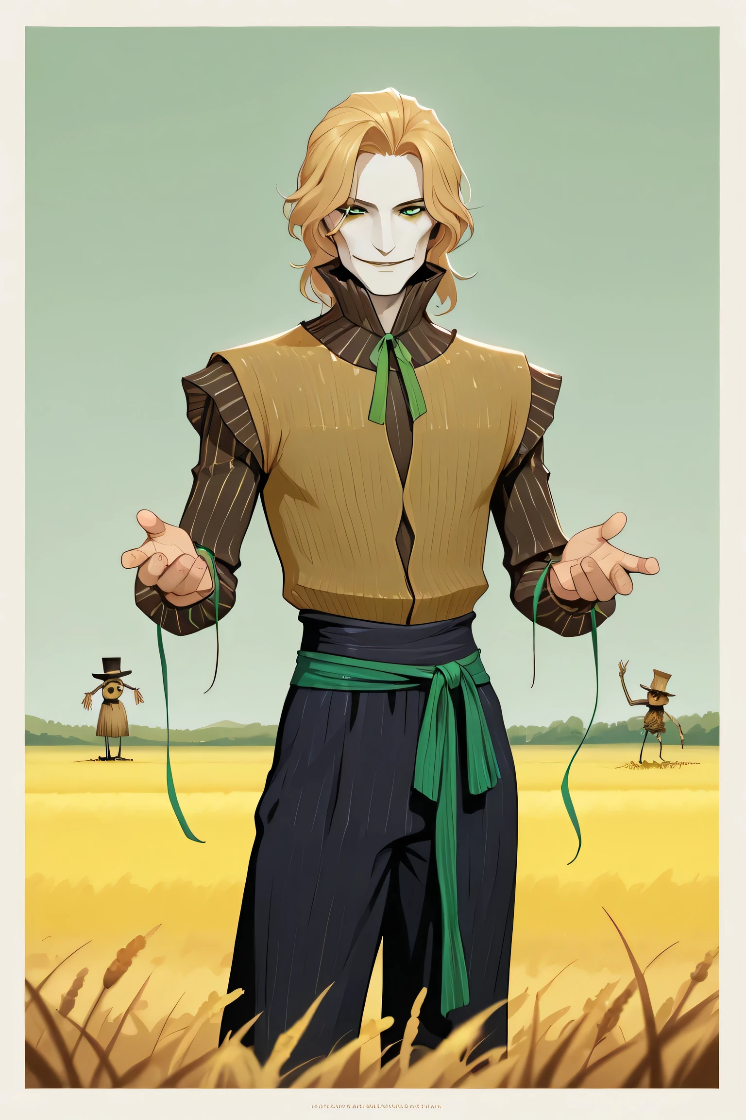 line-art, best quality, 1 man, scarecrow man, blonde hair, green eyes, fabric clothes, field