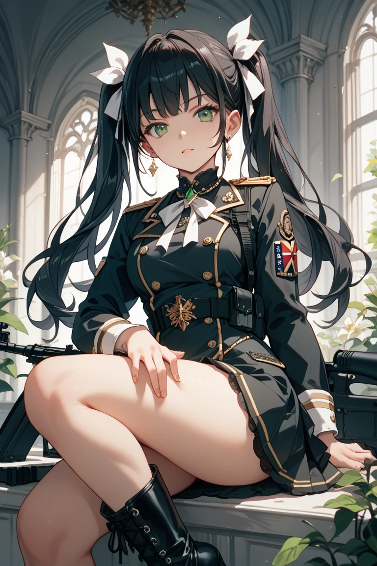 Usually detailed CG Unity 8K wallpaper，（tmasterpiece），（best qualtiy），（ultra - detailed），（Ultra photo realsisim），（best character detail：1.36），Nikon D750 f / 1.4 55mm，profesional lighting， physically-based renderingt, 1girll,  Female soldier，army suit，Dark green military uniform，Long-sleeved military uniform，Fabric texture military uniform，Pure white lining，The white shirt was soaked with sweat，The fabric of a soaked white shirt is attached to the chest，Dark green tie，(Army green skirt)，military hat，Bare legged，Plump legs，whitestocking，White panties are slightly exposed at the bottom of the skirt，without wearing shoes，Black hair，the golden ratio,[:(com rosto detalhado:1.2):0.2]:，PureErosFace_V1, broad shoulder,(Plump breasts:1.5)，(Bigchest:1.5),(big assa:1.5),In the square，Splendid scenery，bright sun，RAW photogr，frontal photos， Look at the audience head-on，lighting，Contre-Jour，Open-mouthed，Stick out her tongue，