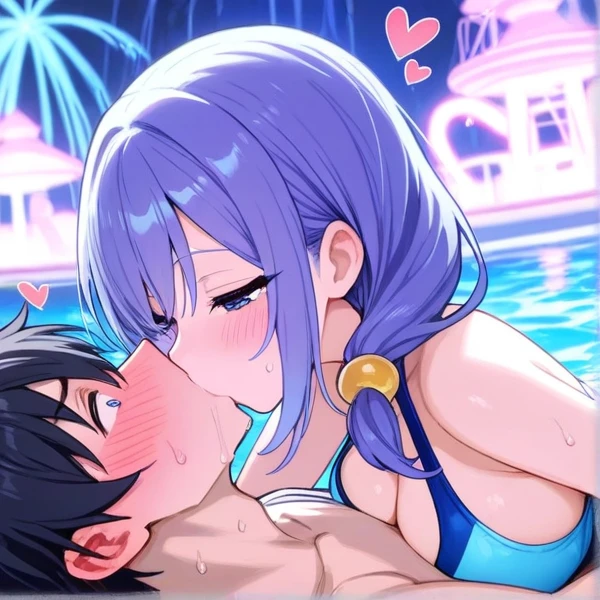 Duo, score_9,score_8_up,score_7_up, source_cartoon, source_anime, 2 people, a tall thick light skin woman with long dark blue hair and brown eyes wearing a blue bunny suit with fishnet pantyhose, 2 big nude men with a big dicks, men are having sex with woman, woman is in doggystyle position, one man is fucking her vagina, other man is fucking her ass, double penetration, kissing, cash sticking out from between woman's breasts, club, woman is panting, nsfw
