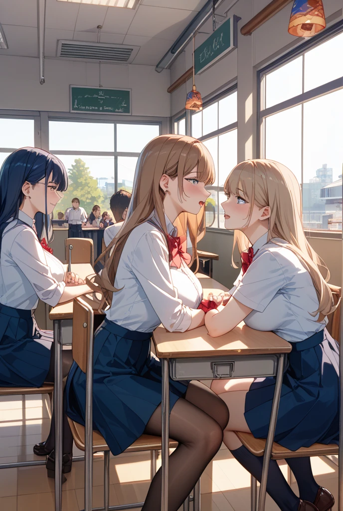 masterpiece,Ultra HD,score_4_onBREAK source_anime,可愛いanimeイラスト, masterpiece,high resolution,alone,mahirushiina,One girl,Blonde,Long Hair,,Show your underwear,Black Bra,black tights,School,classroom,nsfw,Sitting,Spread your legs,Cunnilingus,