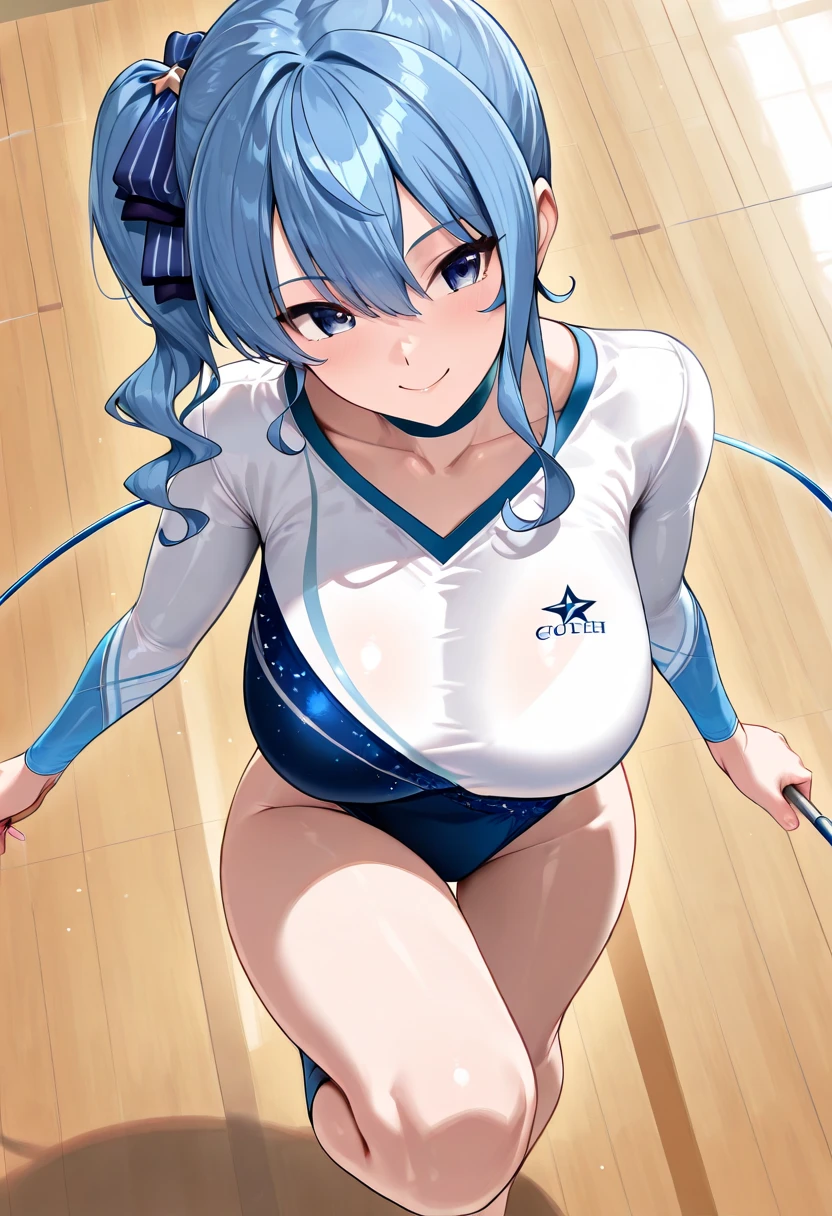 nsfw:1.2,expensivequality illustration, masterpiece, Very delicate and beautiful, Attractive girl,(Gymnastics leotard,Tight leotard,length_Leotard with sleeves,expensive_Leg leotard,athletic leotard),Purple ears,Short here, Audience reaction,thin,Huge Breasts:1.2,expensive school,Gym,Gymnastics Club,((Nipple protrusions:1.4))、The crotch area is damp:1.5、cameltoe、standing split、Overflowing Sex Fluids:1.5