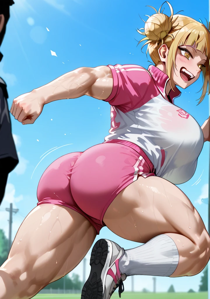 Athletic and curvy milf, muscle, cap, blond hair, sports top, red sports shorts, tiny shorts, parts, pink skin, sunburn, high socks, sneakers, sweating, clothes wet with sweat
