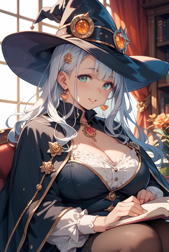 (masterpiece),(Highest quality),(Ultra-detailed),High resolution,8K Animation,One girl,witch,White medium hair,Wavy Hair,Green Eyes,(Round eyes),bangs,smile,A lot of glowing particles,Dream Core,(Beautifully detailed face),(Beautiful and fine details),(Anatomically correct),Big Breasts、Long black hair